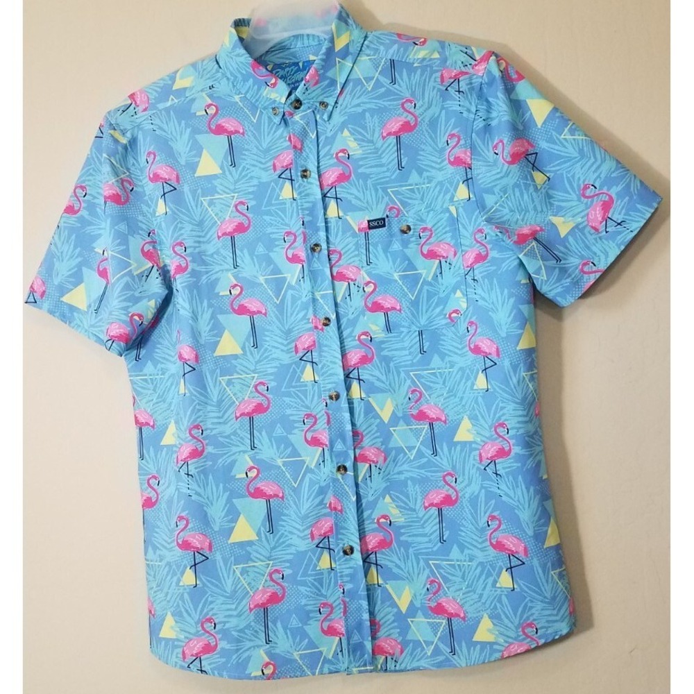 Southern Shirt Party Collection Hawaiian Men M Flamingos Retro 80s Vacation